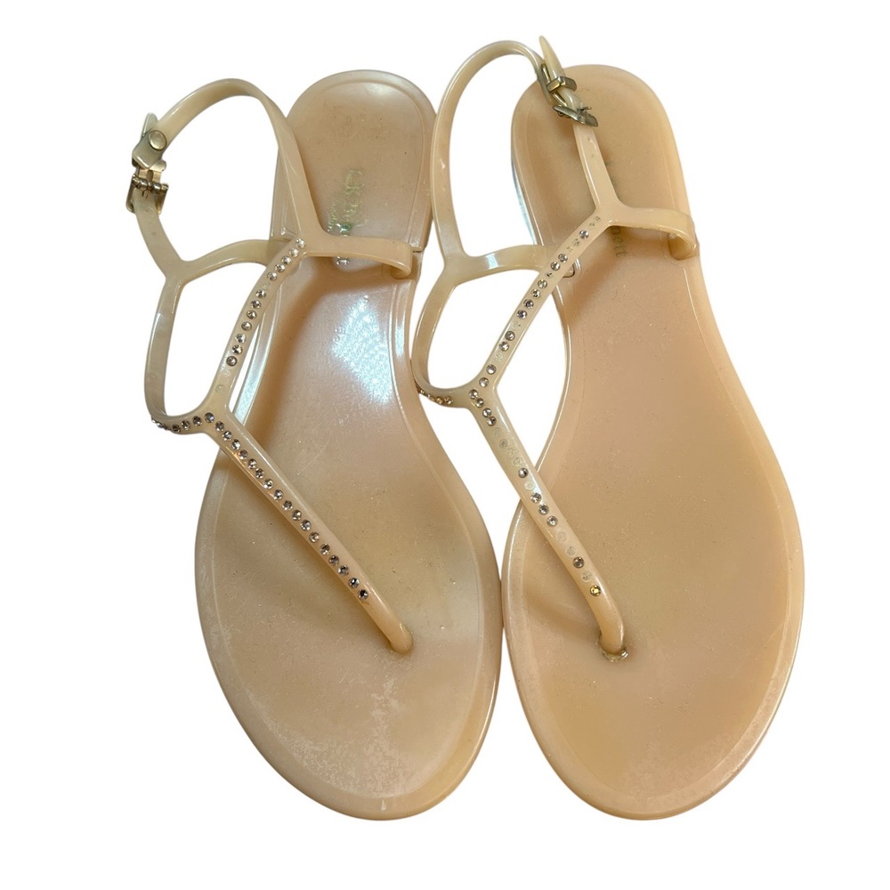 LK Bennett Jelly Sandal Beige Rhinestone Buckle Closure T-Strap Size 39 Flaws